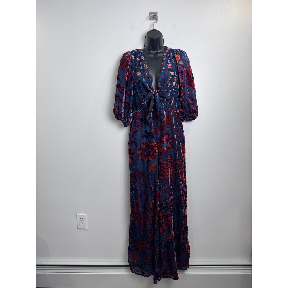 Farm Rio Women Navy Burnout Velvet Tropical Floral Maxi Dress Size XS